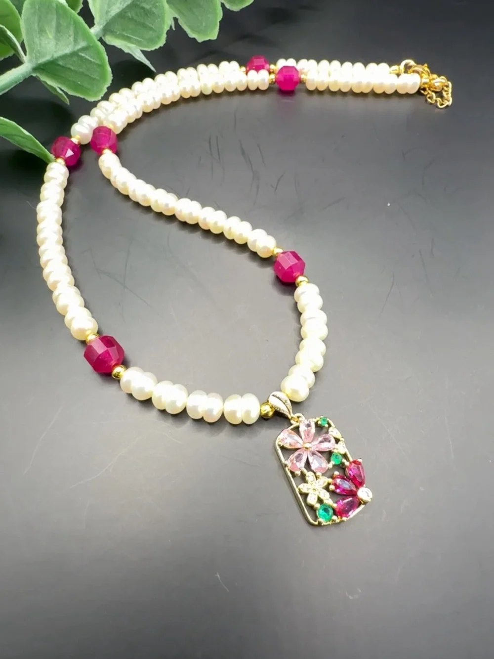 Gold Floral Pendant Pearl Necklace with Pink Crystal Accents